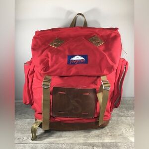 JanSport Red Canvas Leather Bottom Backpack Hiking Ruck Bag Day Pack Made in USA